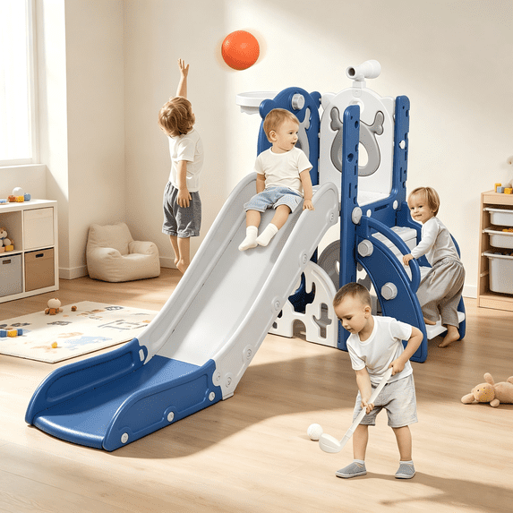 KORIMEFA 7-in-1 Toddler Slide, Outdoor Indoor Playset Slide for Kids Age 1-3 with Golf, Basketball Hoop, Baby Playground Climber Toys, Blue