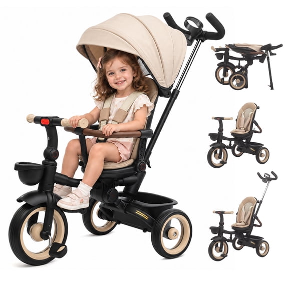 KORIMEFA 7‑in‑1 Foldable Kids Tricycle, Convertible Stroll Trike with Removable Canopy, Safety Harness, for 1‑5 Years Old Toddler, Beige