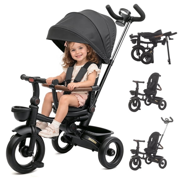 KORIMEFA 7‑in‑1 Foldable Kids Tricycle, Convertible Stroll Trike with Removable Canopy, Safety Harness, for 1‑5 Years Old Toddler, Black