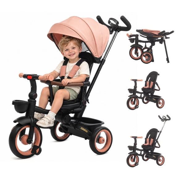 KORIMEFA 7‑in‑1 Foldable Kids Tricycle, Convertible Stroll Trike with Removable Canopy, Safety Harness, for 1‑5 Years Old Toddler, Pink
