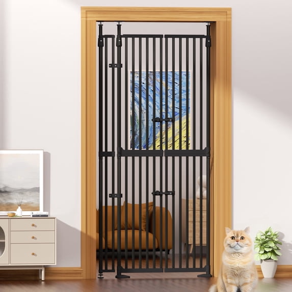 KORIMEFA 74.8"-96.5" Extra Tall Pet Gate for Doorway, Wide Tall Adjustable 30.3"-38.2" Cat Gate, 1.37″ Narrow Gap, Black