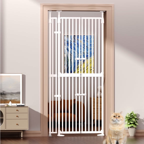 KORIMEFA 74.8"-96.5" Extra Tall Pet Gate for Doorway, Wide Tall Adjustable 30.3"-38.2" Cat Gate, 1.37″ Narrow Gap, White