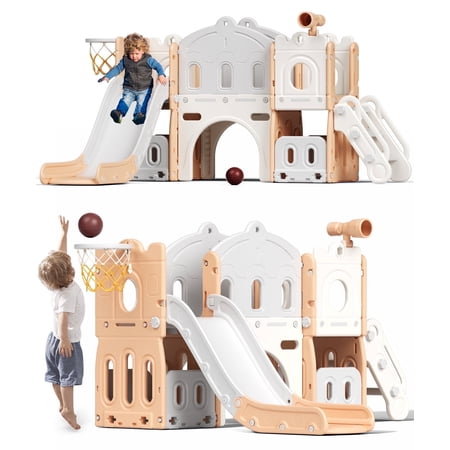 KORIMEFA 8 in 1 Kids Slide with Climber, Toddler Climber Slide with Basketball Hoop,Tunnel and Storage Space,Outdoor Indoor Slide PlaySet for Toddlers Age 1-4