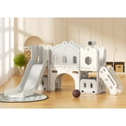 KORIMEFA 8 in 1 Kids Slide with Climber, Toddler Climber Slide with Basketball Hoop,Tunnel and Storage Space,Outdoor Indoor Slide PlaySet for Toddlers Age 1-4