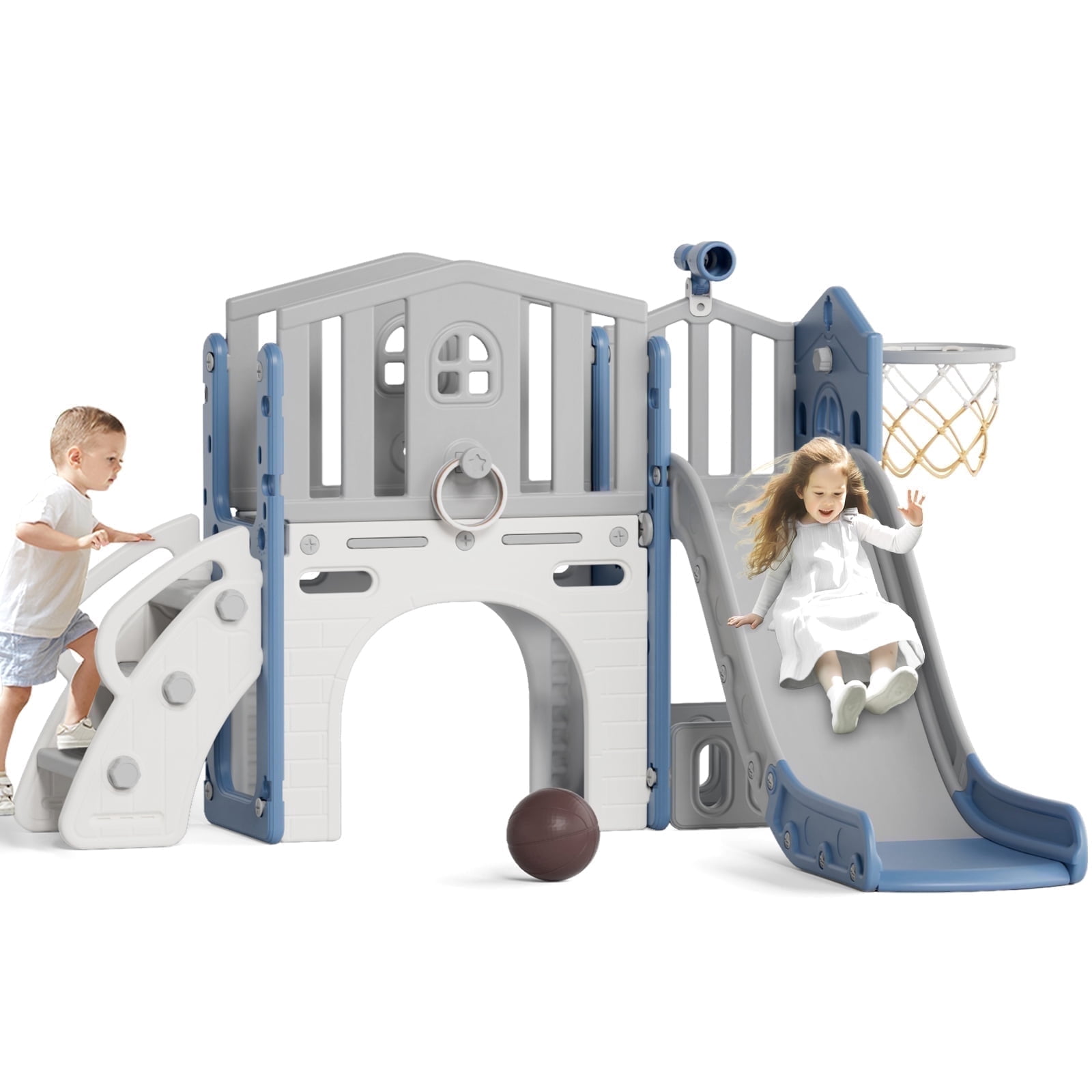 KORIMEFA 7 in 1 Kids Slide Set with Climber, Toddler Climber Slide Play Set with Basketball Hoop, Tunnel, Toddler Playground Outdoor Indoor layground Slide Playset Age 1+