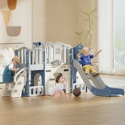KORIMEFA 9 in 1 Kids Toddler Slide Set, Toddler Climber Slide for Age 1-3 with Basketball Hoop & Ball, Indoor Outdoor Playground Slide, Blue