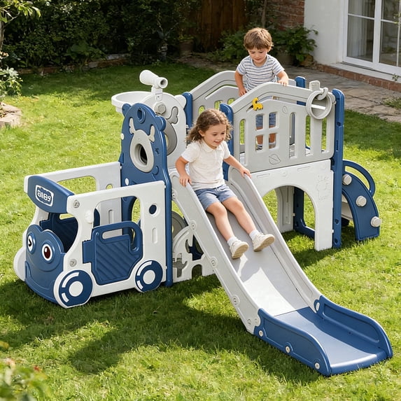 KORIMEFA 9-IN-1 Toddler Slide Set for kids Age 1-5, Bus-Themed Climber Indoor Outdoor Playset with Slide, Golf, Basketball Hoop, Climber, Wheel