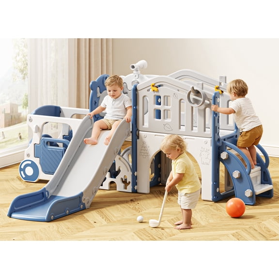 KORIMEFA 9-IN-1 Toddler Slide Set for kids Age 1-5, Bus-Themed Climber Indoor Outdoor Playset with Slide, Golf, Basketball Hoop, Climber, Wheel
