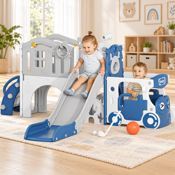 KORIMEFA 9-IN-1 Toddler Slide Set for kids Age 1-5, Bus-Themed Climber Indoor Outdoor Playset with Slide, Golf, Basketball Hoop, Climber, Wheel