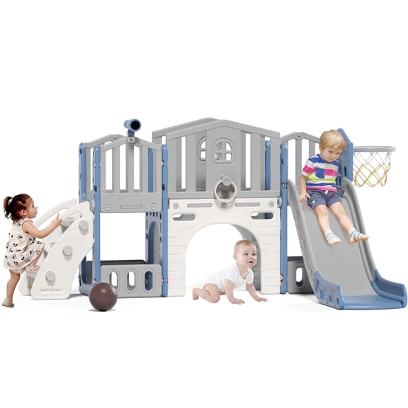 KORIMEFA 9 in 1 Kids Toddler Slide Set, Toddler Climber Slide for Age 1-3 with Basketball Hoop & Ball, Indoor Outdoor Playground Slide, Blue