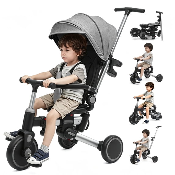 KORIMEFA 9‑in‑1 Foldable Kids Tricycle with Parent Push Handle, Convertible Stroll Trike with Removable Canopy, Ride Trike for Toddler 6 Months-3 Years, Grey