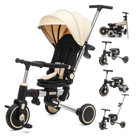 KORIMEFA 9-in-1 Toddler Tricycle, Foldable Kids Trike for Boys & Girls 6 Months-3 Years, with Adjustable Sun Canopy, Parent Push Handle, Removable Backrest, 360° Rotatable Seat & Cup Holder, Beige