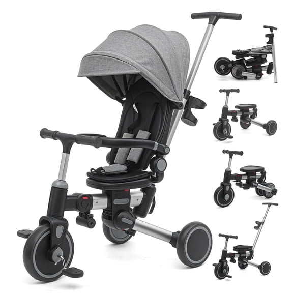 KORIMEFA 9-in-1 Tricycle for Toddlers, Foldable Kids Tricycle for Boys Girls 6 Months-3 Years, Kids Trike with Parent Push Handle&360° Rotatable Seat, Grey