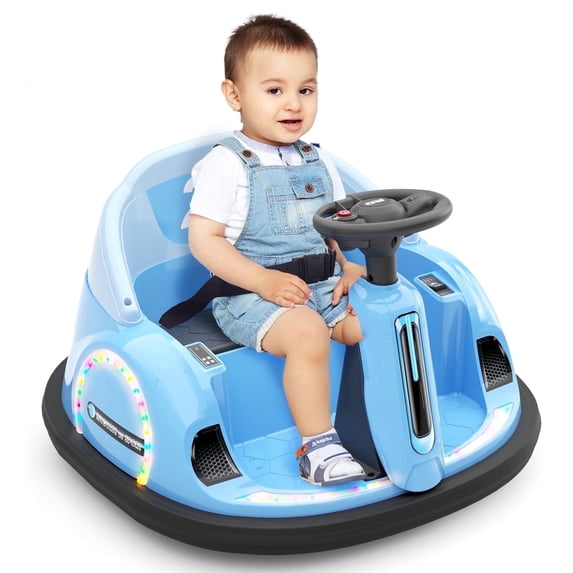 KORIMEFA 12V Bumper Car for Kids Toddler 1-6 Years with Remote Control Bluetooth Music 3 Speeds DIY License Plate Electric Ride on Toys(Blue)
