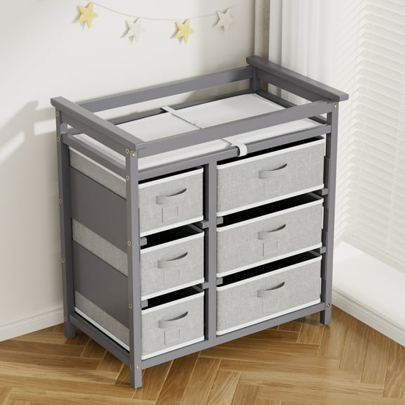 KORIMEFA Baby Changing Table with 6 Storage Baskets, Can be Used as a Changing Table Dresser with Changing Table Top, a Baby Changing Station, a Diaper Changing Station (Gray)