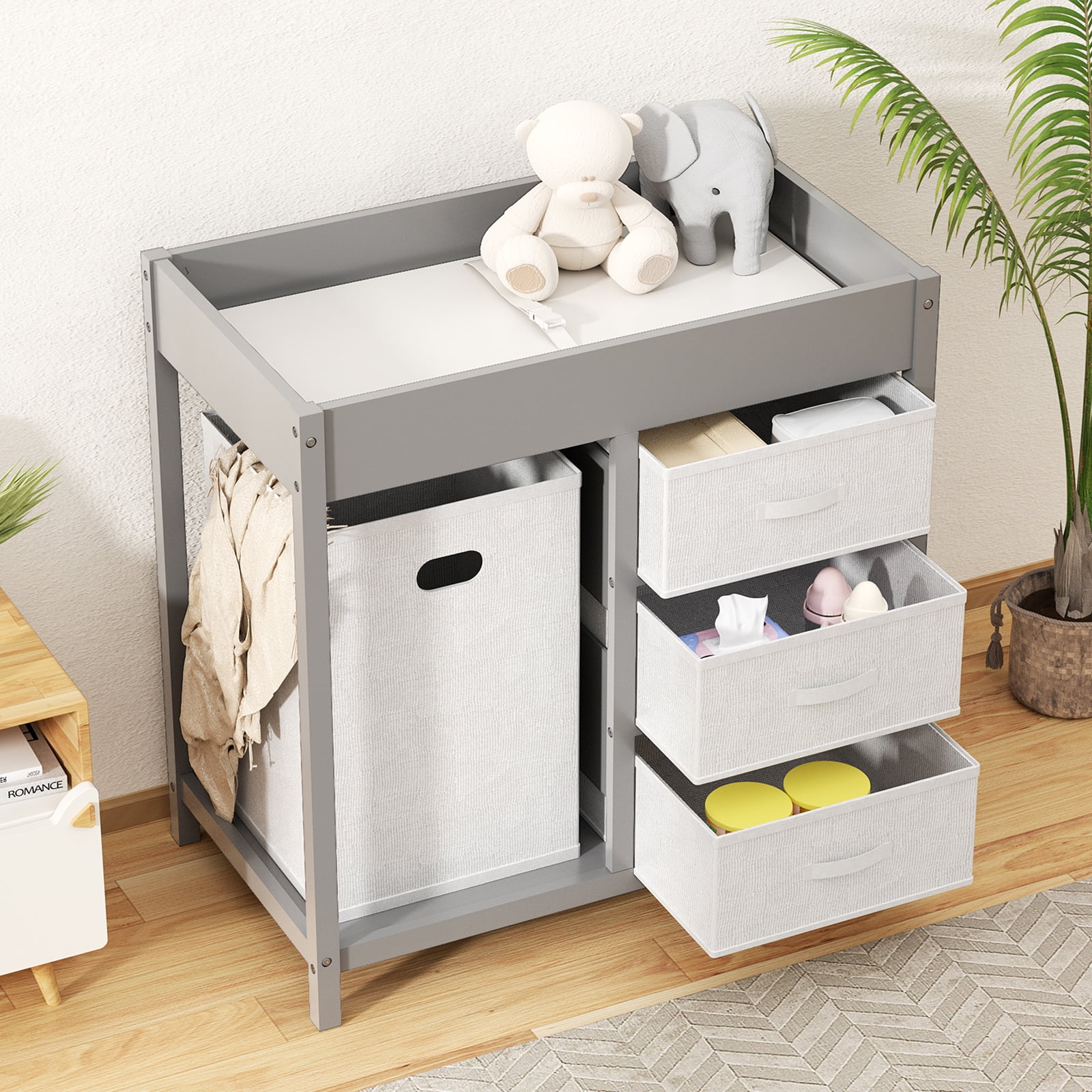 KORIMEFA Baby Changing Table with 3 Storage Drawers & Hamper , Portable Diaper Station, Space-Saving Nursery Organizer , Easy Assembly (Gray)