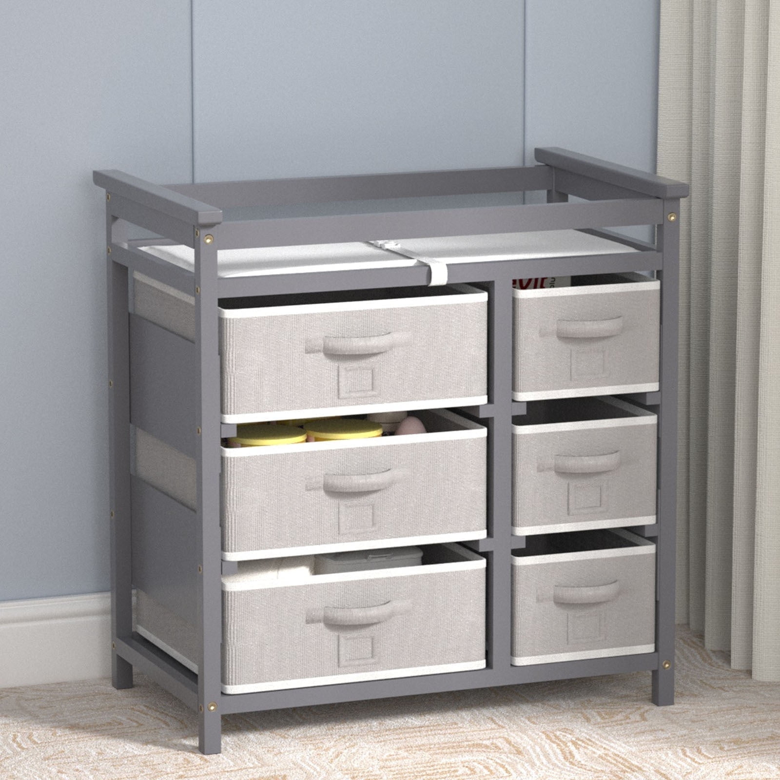 KORIMEFA Baby Changing Table with Laundry Hamper, 6 Storage Drawers and Pad, Changing Table Dresser, Baby Diaper Change Station, Gray