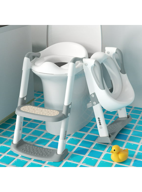 KORIMEFA Baby Potty Training Seat, Potty Toilet Seat, Foldable Toddler Toilet Potty Chair, Toilet Trainer Seat with Anti-Slip Pads Ladder for Boys Girls Kids, Grey