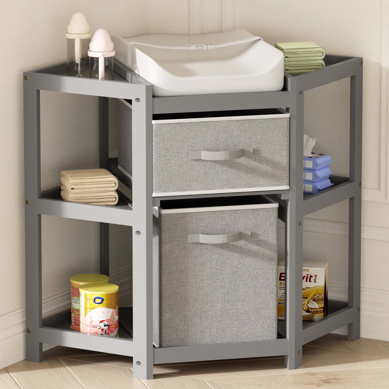 KORIMEFA Children Changing Table with Pad Corner Diaper Changing Table with Laundry Hamper Storage Bin Contoured Pad for Baby Gray