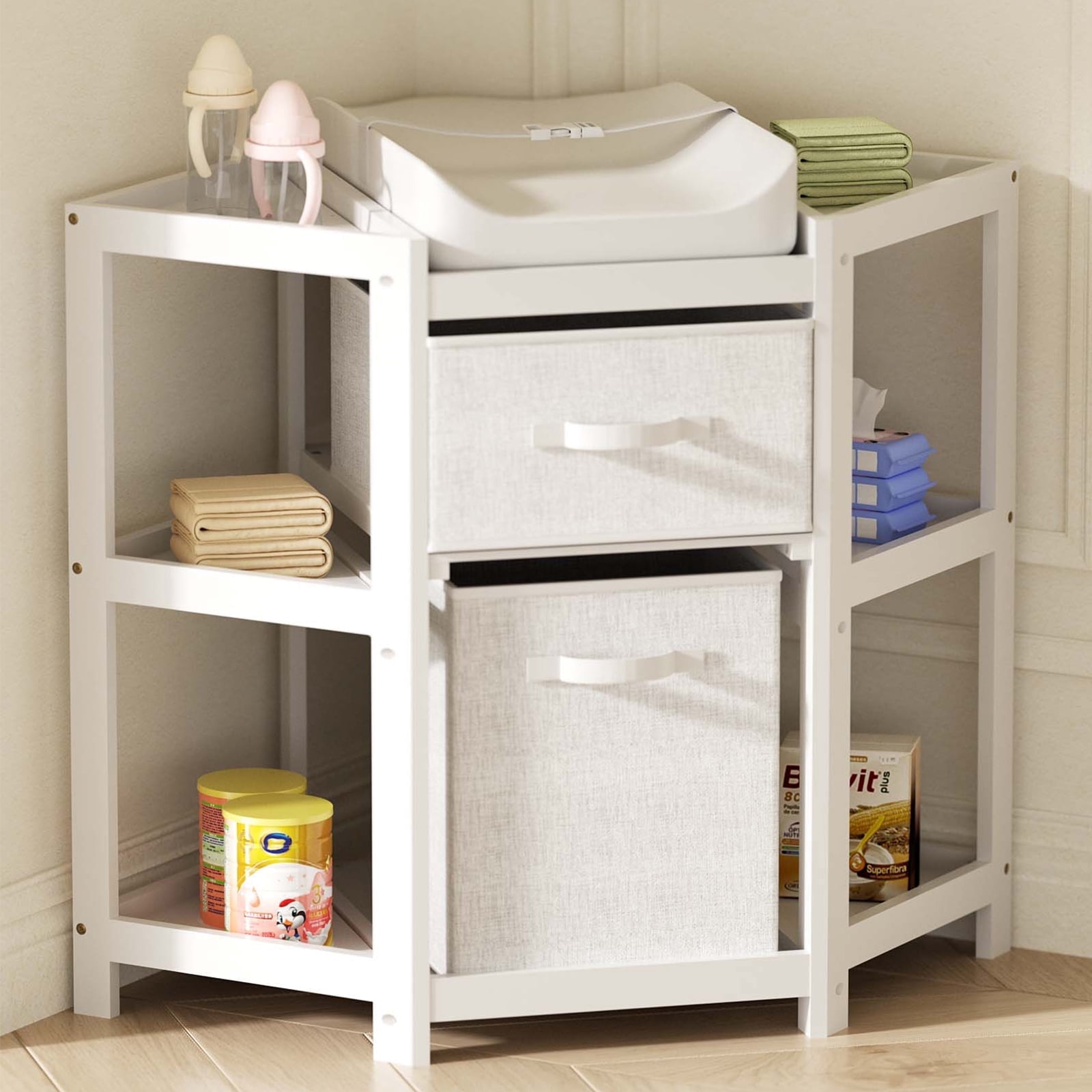 KORIMEFA Children Changing Table with Pad, Corner Diaper Changing Table with Laundry Hamper, Storage Bin, Contoured Pad for Baby - White