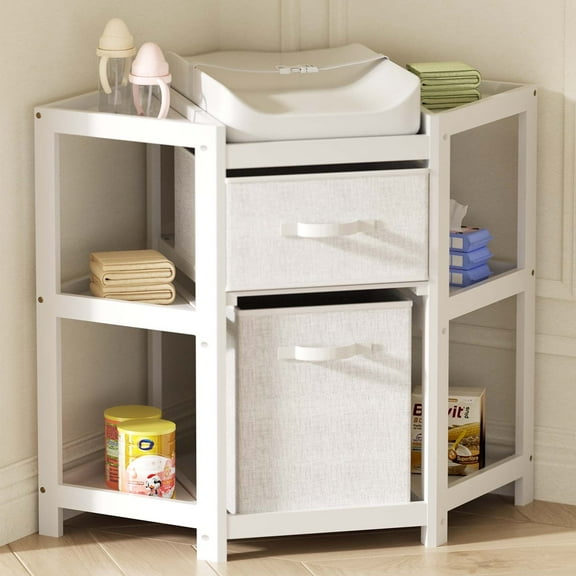 KORIMEFA Children Changing Table with Pad, Corner Diaper Changing Table with Laundry Hamper, Storage Bin, Contoured Pad for Baby - White