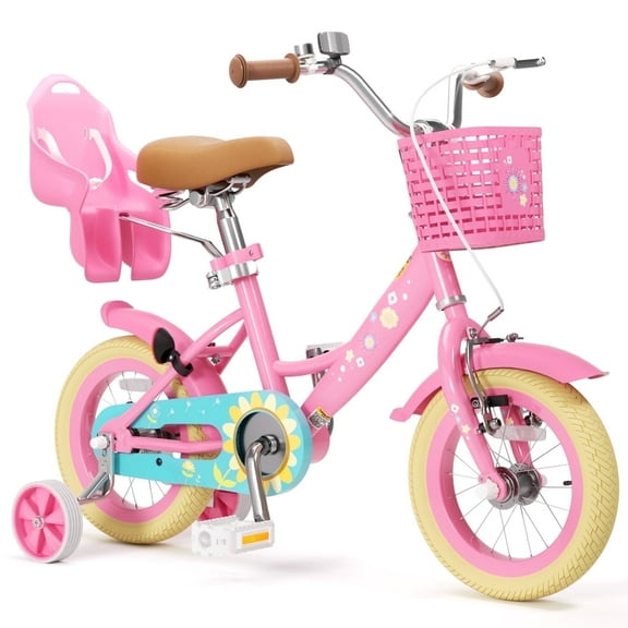 KORIMEFA Girls Bike for 3-9 Years Old Kids, 12 14 16 inch Kids Bike with Training Wheels, Basket and Doll Seat, Children Bicycles with Handbrake, Pink