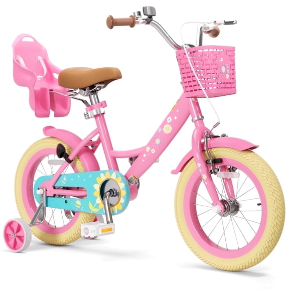 Korimefa Girls Bike for Toddlers 6-9 Years Old Kids, 16 inch Kids Bicycle with Training Wheels, Basket and Doll Seat, Children Bicycles with Handbrake, Pink