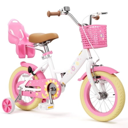 KORIMEFA Girls Bike for Toddlers 4-8 Years Old Kids, 14 Inch Kids Bike with Training Wheels, Basket and Doll Seat, Children Bicycles with Handbrake, White