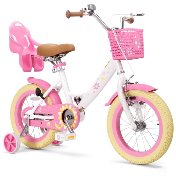 KORIMEFA Girls Bike for Toddlers 6-9 Years Old Kids, 16 Inch Kids Bicycle with Training Wheels, Basket and Doll Seat, Children Bicycles with Handbrake, White