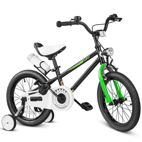 Korimefa Kids Bike with Training Wheels, 16 inch Toddler Bicycle for 2-9 Years Old Boys Girls, Children Bicycle with Water Bottle & Headlight & Adjustable Seat, Black