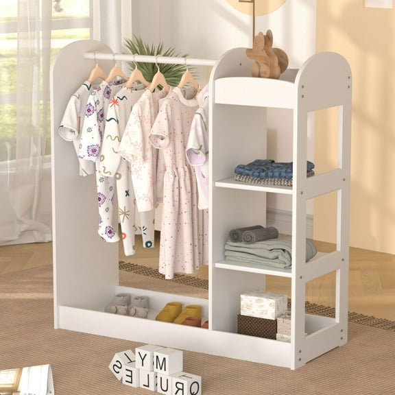 KORIMEFA Kids Dress up Storage with Mirror, Clothes Rack, 3-Tier Shelves, Bottom Tray, Pretend Play Costume Dresser Organizer Center, Open Hanging Armoire Closet for Little Girls
