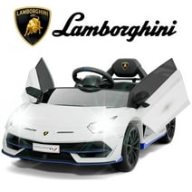 KORIMEFA Kids Electric Ride On Car, 12V Licensed Lamborghini Electric Car Toy, Toddler Electric Vehicle with Remote Control, LED Lights, Music, One-Touch Start, Hydraulic Doors, White