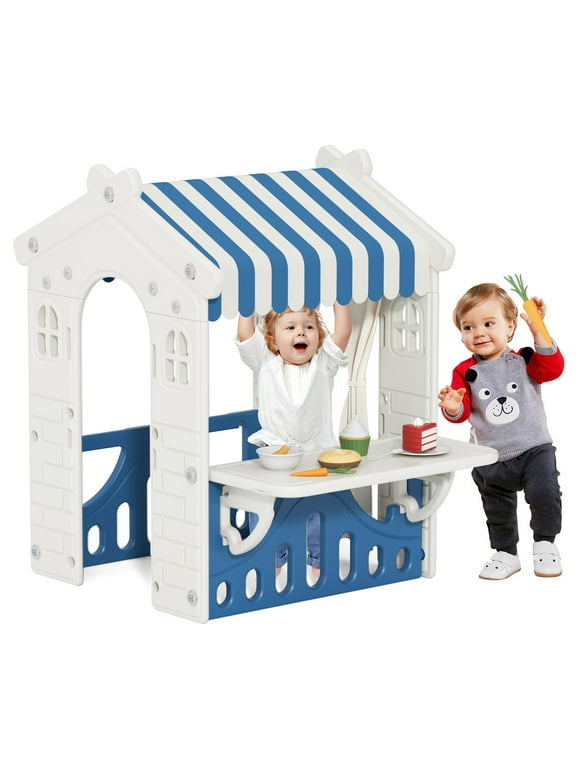 KORIMEFA Kids Foldable Playhouse, Portable Game Cottage with Windows, Door, Curtain, Realistic Home, Play Pretend Cafe Restaurant Open-Concept Design, Blue Plastic Kids Outdoor Toy