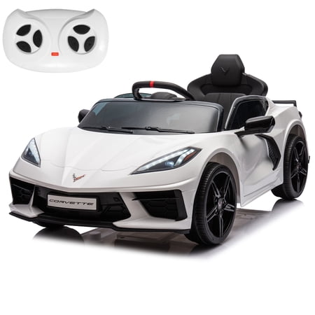 KORIMEFA Kids Licensed Chevrolet Corvette C8 Ride On Car, 12V Kids Electric Vehicle Toy with Remote Control, Music Play, LED Lights, Gift for Boys and Girls, White