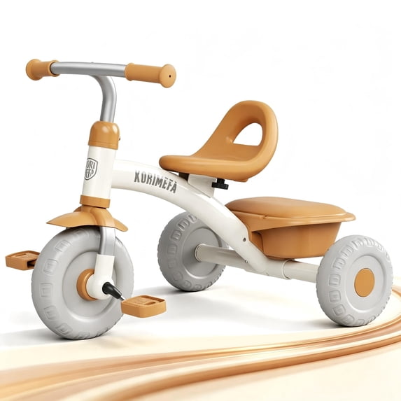 KORIMEFA Toddler Tricycle for Ages 2-5 Boys Girls, Beginner Tricycle for kids with Quiet Ride Wheels and Storage Bin, Brown