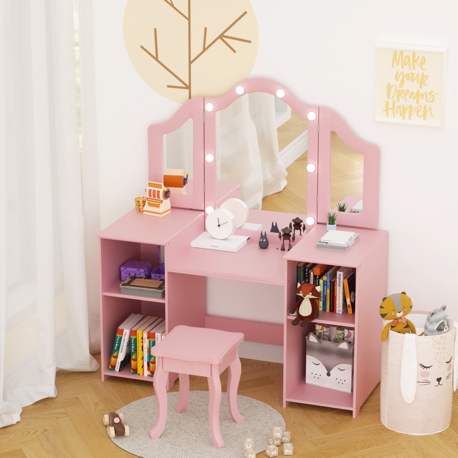 Pink MDF Princess Vanity Table with Tri-Folding Mirror and Chair