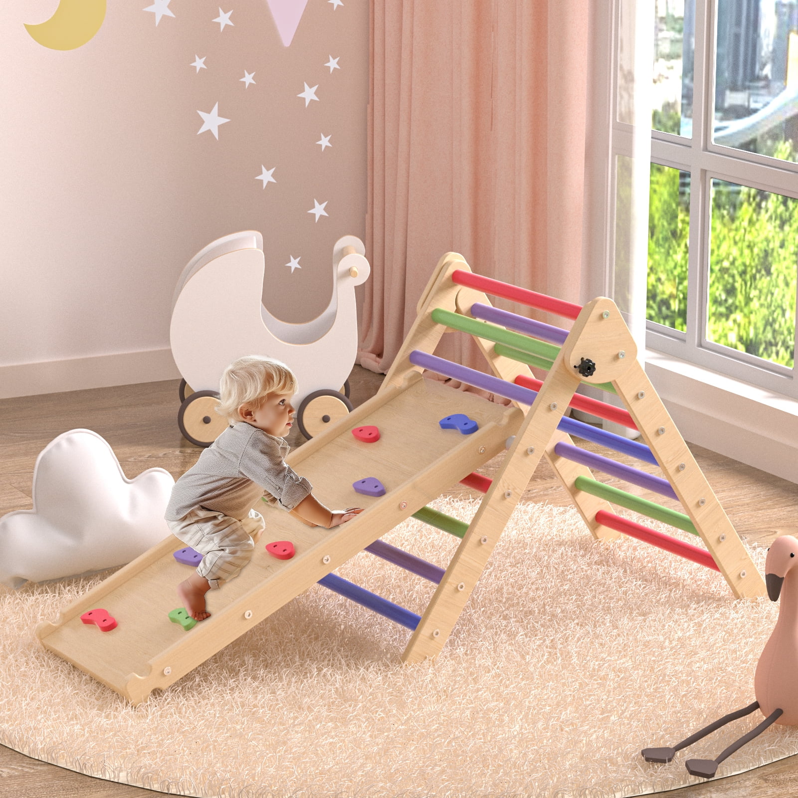 KORIMEFA Pikler Triangle Foldable Wooden Climbing Triangle with Ladder