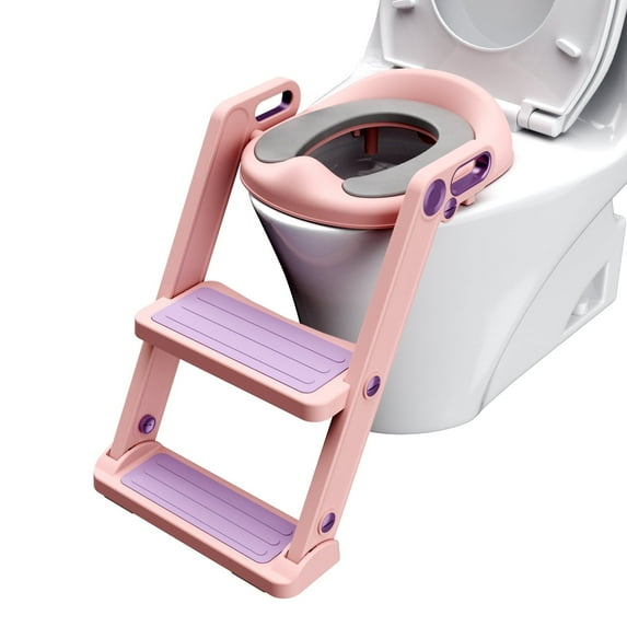 KORIMEFA Potty Training Toilet Seat with Step Stool Ladder, Toddler Kids Potty Seat for Boys Girls, Non Slip Foldable Toilet Training Seat with Soft Cushion, Comfortable Handles (Pink)