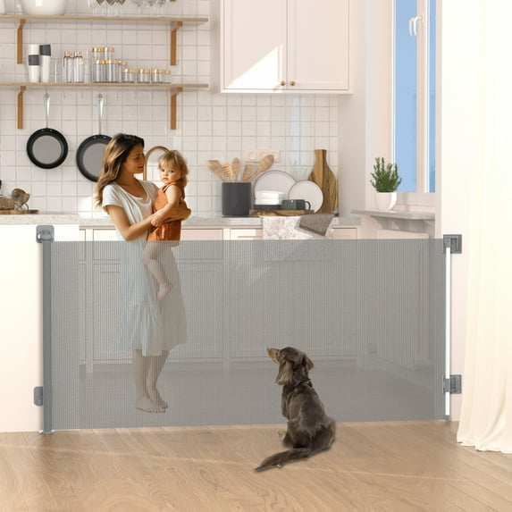 KORIMEFA Baby Gate Retractable Gates for Stairs, Mesh Dog Gate for The House, Wide Pet Gate 33 Inch Tall, Extends to 55Inch Wide, Child Safety Gates for Doorways, Hallways, Indoor/Outdoor(Gray)