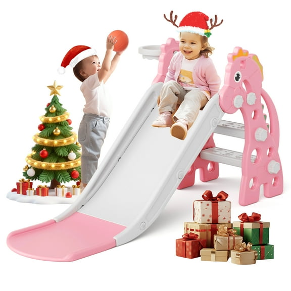KORIMEFA Toddler Slide Indoor Slide for Toddlers Age 1-3 Kids Indoor Outdoor Slide Baby Plastic Play Slide with Basketball Hoop and Ball Foldable Slide, Pink