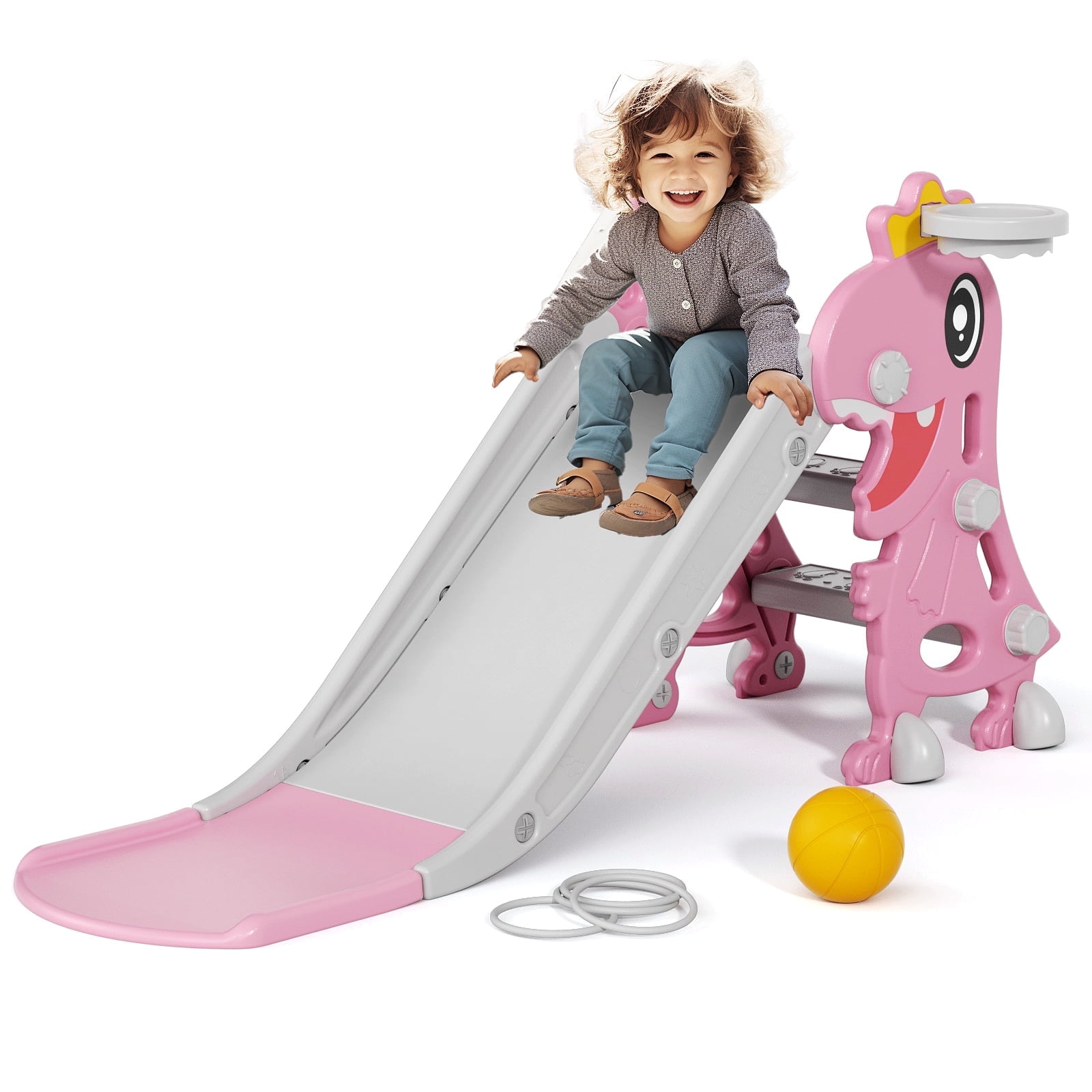 KORIMEFA Toddler Slide Kids Slide with Basketball Hoop for Baby, Backyard Baby Playground Kids Slide, Freestanding Baby Climber Playset Indoor Slide Toys, Slide for Toddlers Age 1-3 Boys Girls, Pink