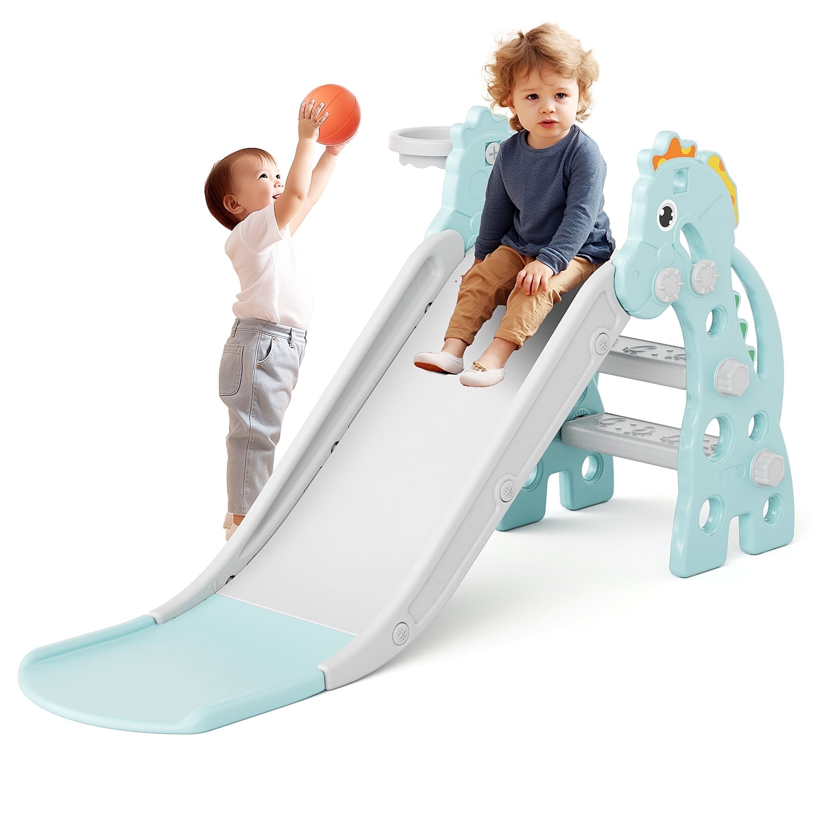 KORIMEFA Toddler Slide Indoor for Toddlers 1-3 Baby Slide Outdoor Playset with Basketball Hoop and Ball Plastic Foldable Slides for Kids Backyard Climber Set,Green