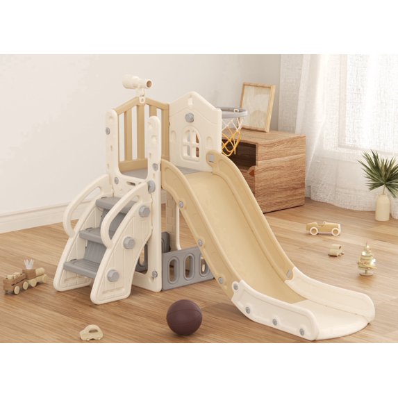 KORIMEFA Toddler Slide, Kids Slide for Toddlers Age 1-4 with Basketball Hoop and Ball, Ring Toss, Storage Space, Outdoor Slide Playset Toddler Indoor Playground