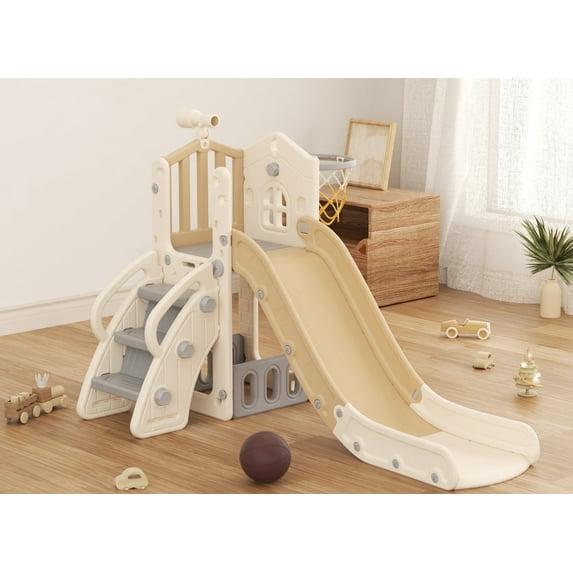 KORIMEFA Toddler Slide, Kids Slide for Toddlers Age 1-4 with Basketball Hoop and Ball, Ring Toss, Storage Space, Outdoor Slide Playset Toddler Indoor Playground