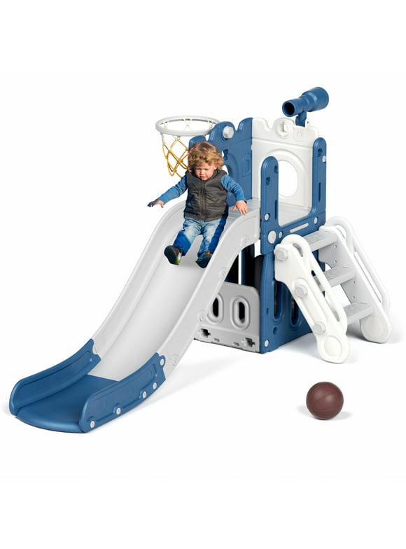 KORIMEFA Toddler Slide Set, Slide for Toddlers Age 1-4 with Basketball Hoop and Ball, Slide for Kids, Indoor Outdoor Backyard Playground Climbing Theme Baby Slide Toy