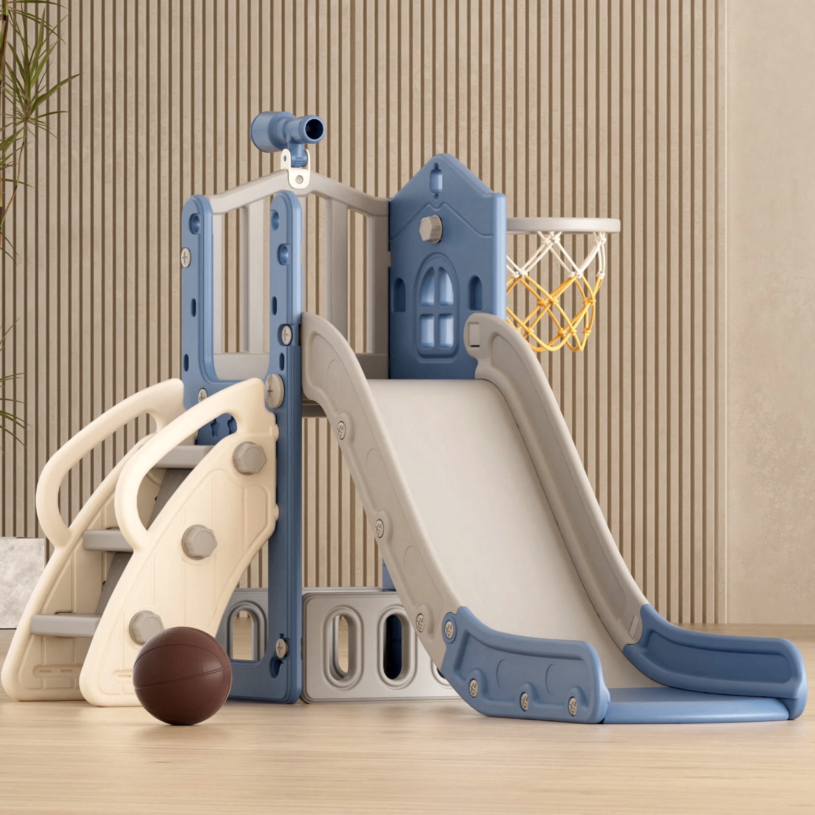KORIMEFA 6-in-1 Toddler Slide for Age 1-3, L-Shaped Kids Slide with Basketball Hoop and Telescope, Outdoor and Indoor Playground Climber Playset Toys, Blue Gray