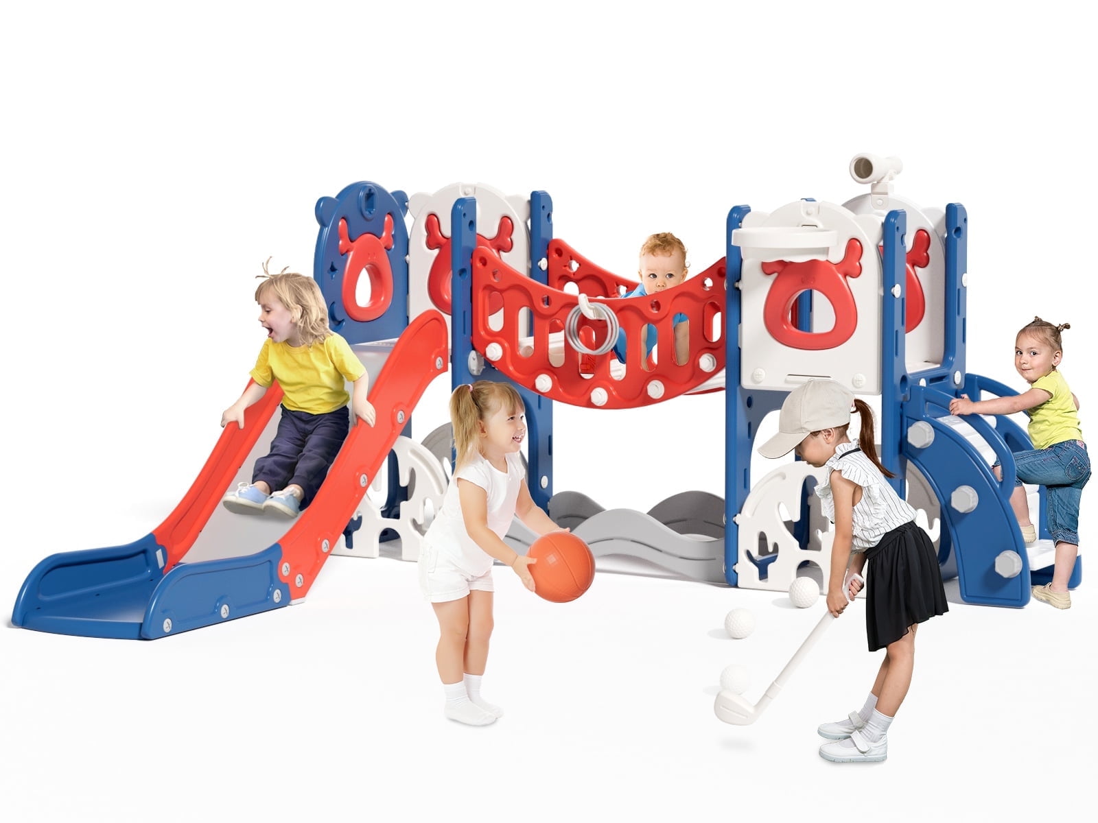 KORIMEFA 8 in 1 Toddler Slide, Kid Slide for Toddlers Age 1-3 with Ring Toss, Basketball Hoop, and Telescope, Indoor Outdoor Slide Toddler Playset Toddler Playground