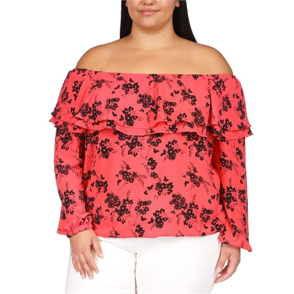 Michael Kors Womens Ruffled Trim Off the Shoulder Blouse, Pink, Plus Size, 2X