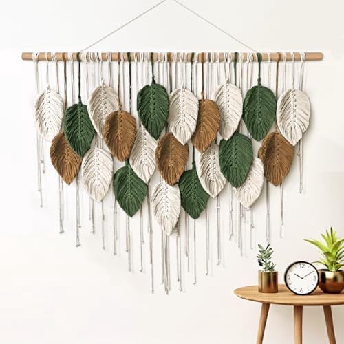 KORSIV Large Macrame Wall Hanging Boho Woven Tapestry, Modern Bohemian Handmade Leaf Feather Wall Art Decorations for Apartment Dorm Living Room Bedroom Nursery Backdrop, Chic Home Decor