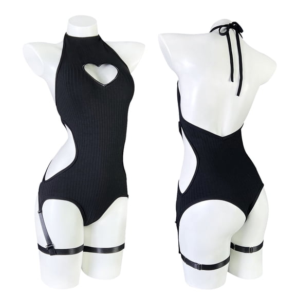 KORURACLUB Women's Lingerie Knitting Backless Bodysuit Corset Heart Shape Top Sexy Egirl Jumpsuit Role-Playing Bodysuit
